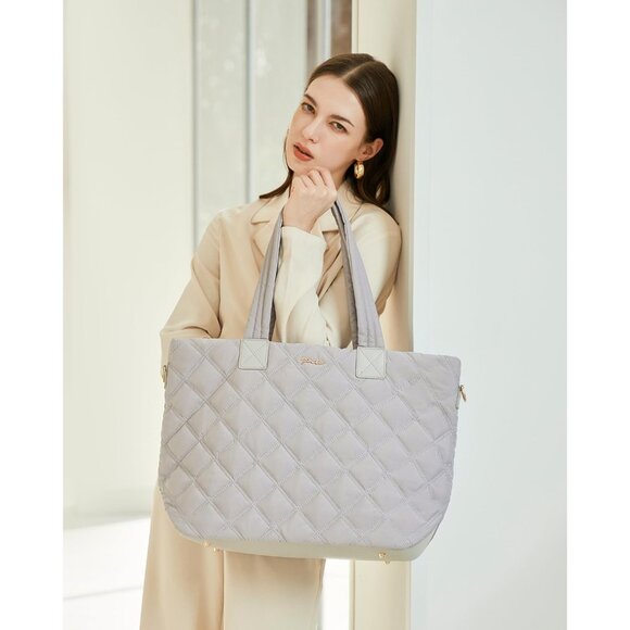 Prite Women Grey Polyester Compartment Quilted Puffer Shoulder Tote Work Bag - Picture 2 of 7
